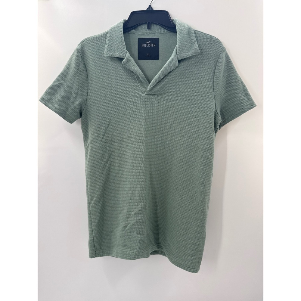 Hollister Mens XS Sage Green Textured Waffle Knit Short Sleeve Open Neck Polo